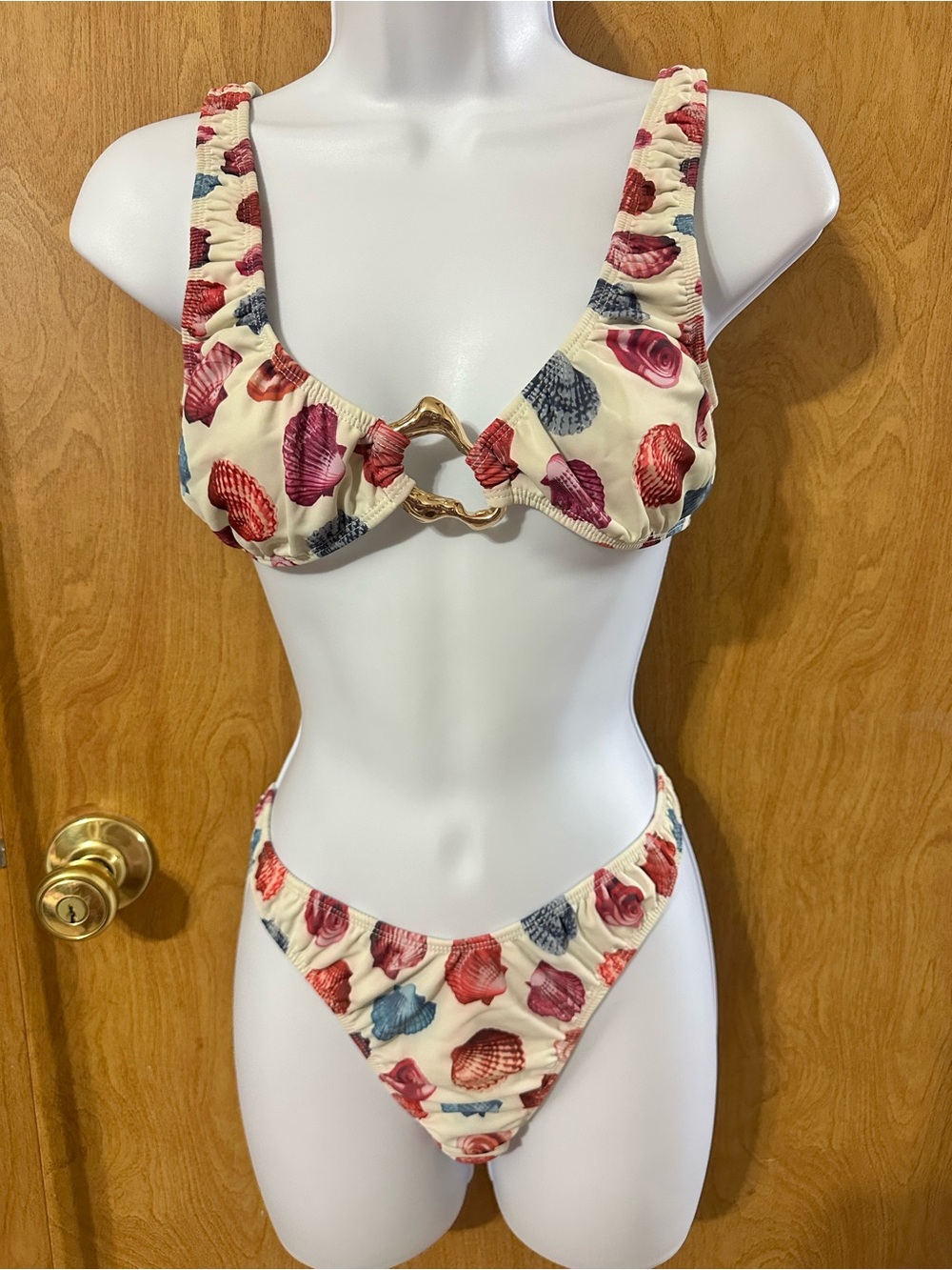 Cream Seashell Print Bikini Set with Gold Ring Detail